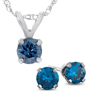 3/4ct Blue Diamond Solitaire Pendant & Studs Set 10K White Gold & Chain