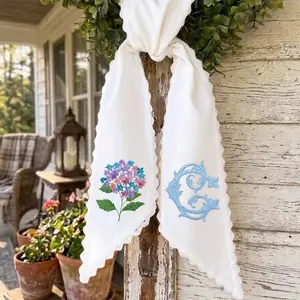 Personalized Monogram Hydrangea Wreath Sash, Embroidered Toile Door Decoration