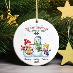 Personalised First Christmas as A Family of Three, Cute Snowman Family Christmas Bauble, New Baby Christmas Ornament, Family First Xmas Gift