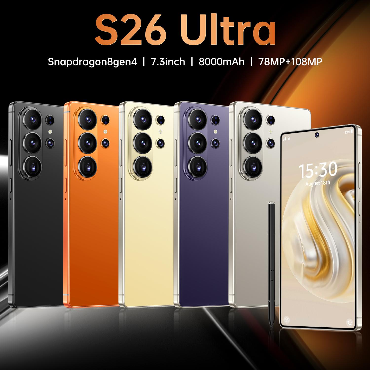 2026 Latest S26 Ultra 5G Android 15 Phone, 12GB+512GB, 6.99" HD Display, 78MP+108MP Dual Cam, 8000mAh, Face ID, Built-in Pen, Case & Screen Protector