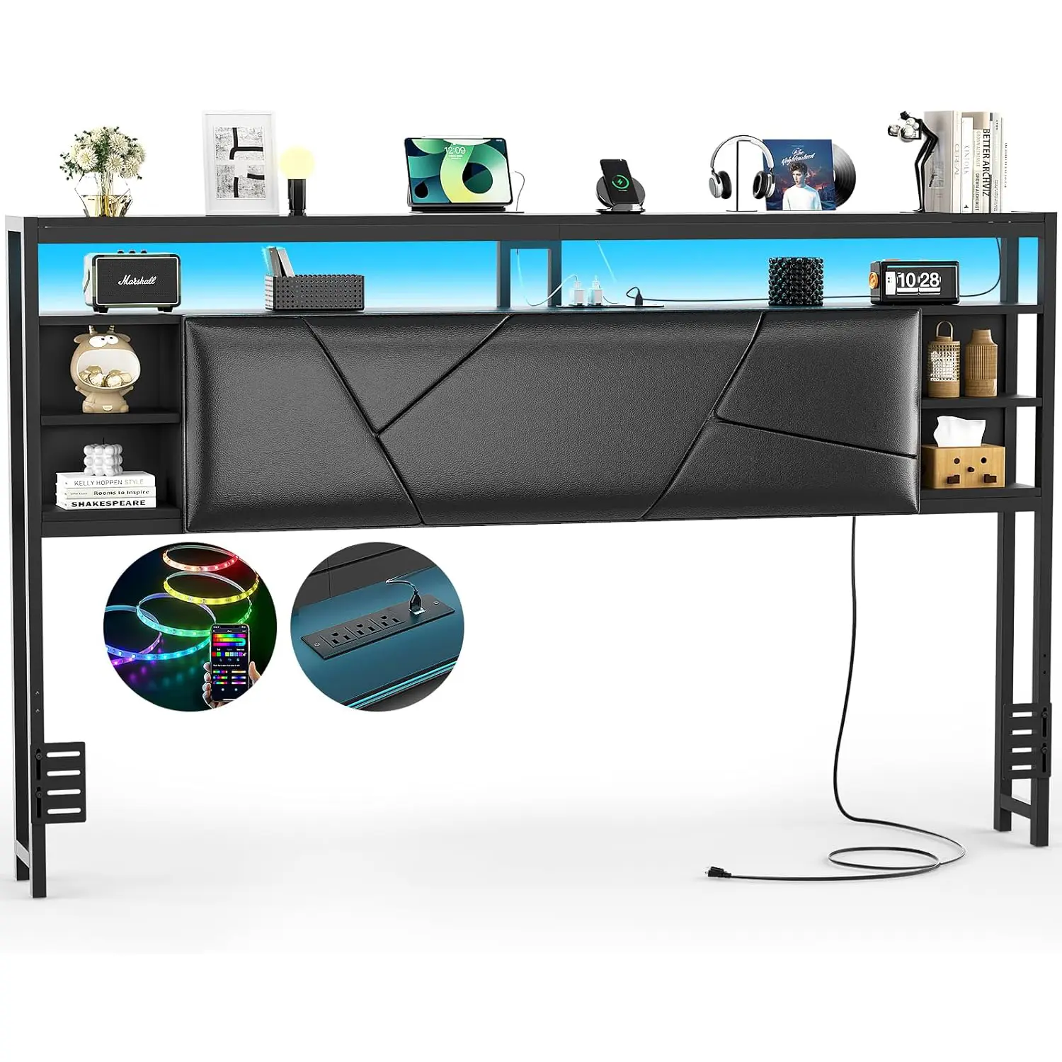 Cyclysio Luxury Upholstered Wood Headboard - King/Queen/Full Size Modern Upholstered Bed Accessory, Built-in Charging Station, Smart LED Light, Spacious Storage Shelves, Bedroom Outlets