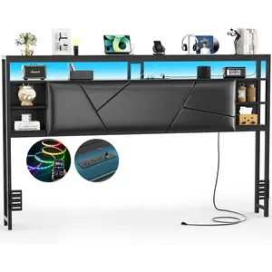 Cyclysio Upholstered Headboard with Charging Station and RGB LED Light, King/Queen/Full Size Headboard with Shelves for Bedroom, Guest Room and Dorm