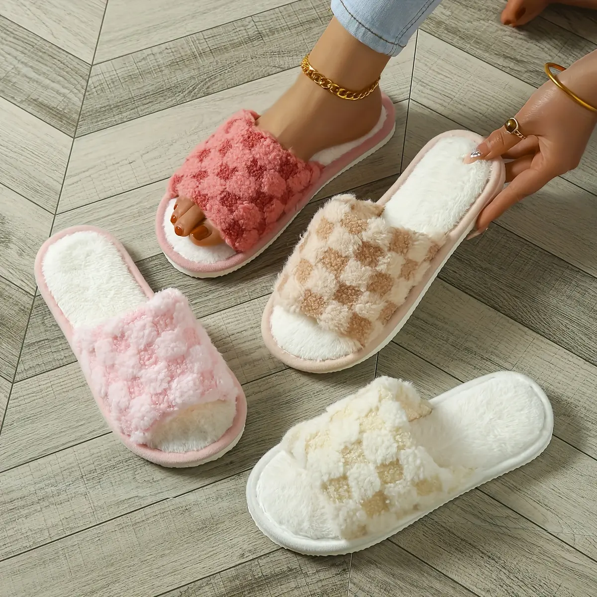Women's Korean Cute Cotton Fabric Slip-On Open-Toe Ankle Slippers - Soft Sole, Lightweight, Plush-Lined, Warm, Non-Slip, Mute Floor, All-Seasons Cozy Home Shoes