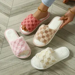 Plaid Pattern Open Toe Slippers Soft Sole Lightweight Plush Lined Shoes Warm House Shoes Cozy Fuzzy Plush Soft Comfy Non-slip Winter Mute Floor Home Slippers