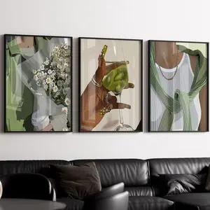 Set of 3 Black Girl Green Coquette Prints Set of 3 Flowers Preppy Aesthetic Champagne Wall Prints Pretty green dorm art