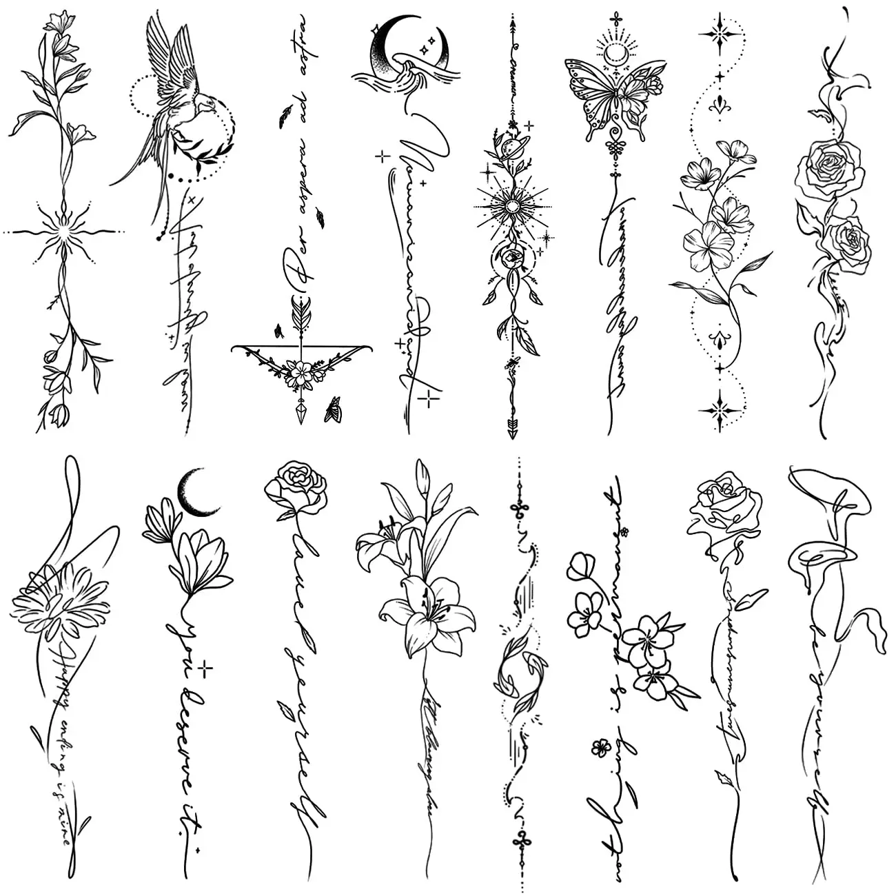 Temporary Tattoos for Women Girls - 45 Pcs Line Flower Words Sketch Realistic Long Last Fake Tattoos Waterproof Minimal Line Art Tattoos for Arm Backbone Leg Body