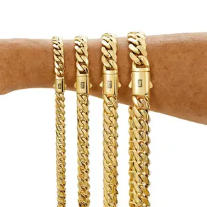 14K Gold Vacuum Plated Stainless Steel with Copper Black "S" Ear Clasp Miami Cuban Link Chain 6-14mm Necklace, Italy & Mexico Micro-Inspired Jewelry for Women & Men – Luxury Daily Wear, Fashion Gift, Chicano, Classic, Hip Hop, Simple, Sporty, LGBT