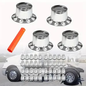 Chrome ABS Complete Axle Cover Set with Standard Hub Caps and 33mm Screw-On Lug Nut Covers for Semi Trucks (4 Rear)