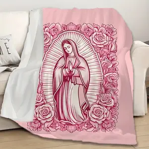 Our Lady of Guadalupe Blanket, Pink Virgin Mary with Roses Print Throw Blanket, Religious Catholic Soft Flannel Blanket