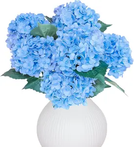 6-Pcs Blue Silk Artificial Hydrangea Floral Bouquets with Stems, Realistic Faux Decorative Flowers for Home, Wedding Decor