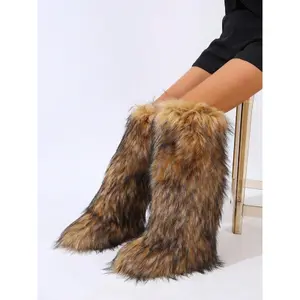 Valentine's Day Blending Color Women's Fluffy Lining Snow Boots Hot Pink Faux Fur Warm Over The Knee Shoes Casual Comfortable Autumn Winter Fashion Walking Boots for Women's Day Wear Mother's Day Gift Girl Footwear Stylish Nail - Design