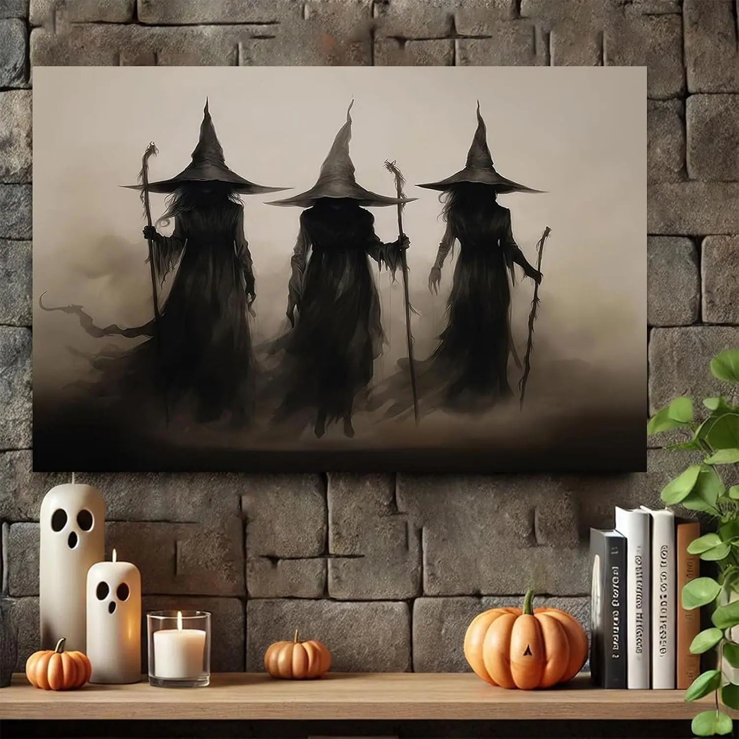 "3 Shadow Witches" Misty Fog Halloween Gothic Minimalist Artistic Hanging Canvas Wall Art Poster, 2D Flat Print Home Decor, Brightly Styled Wall Decoration for Bedroom, Dark Aesthetic Party Room Accent