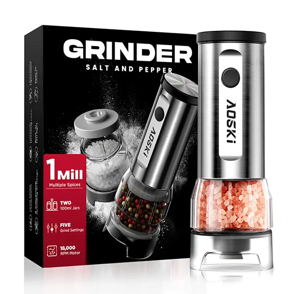 AOSKI Modern Stainless Steel Electric Salt and Pepper Grinder-Set, Kitchen Gadgets with Adjustable Grind Size, Ceramic Components, Separate Hopper, 1 Grinder + 2 Jars for Family Dinners Cooking Seasoning, Prevents Spice Mixing, Utensils, Salt And Pepper S