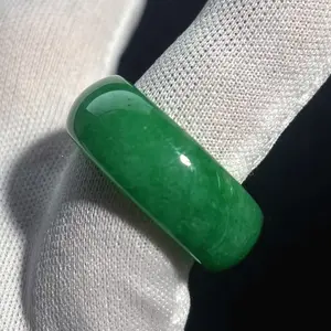 Natural Green Jade Ring Wide Band, Width 9 mm