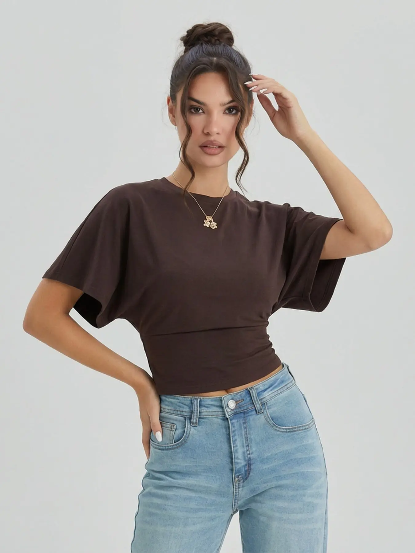 Women's Leisure Solid Color Batwing Sleeve Cinched Waist Loose Soft Top, Minimalist Basic Crewneck Top for Lady, Wide Sleeve Casual T-Shirt for Daily Streetwear, Casual Loose Stretchy