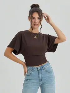 Women's Leisure Solid Color Batwing Sleeve Cinched Waist Soft Top, Minimalist Crewneck Top for Lady, Wide Sleeve T-Shirt for Daily Streetwear