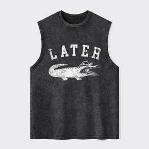 Sarcastic Later Gator Washed Tank Top, Gym Essential, Vintage Casual Crewneck Short Sleeves Menswear T-shirt Classic Cotton Fabric Streetwear