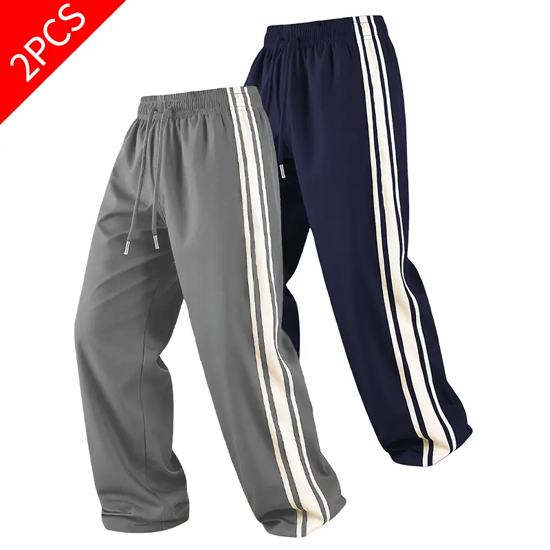 Adjustable Waistband Sports Joggers - Wide-Leg Striped Casual Loose-Fitting Athleisure Sweatpants, Drawstring Waist, Skate Park Suitable Athletic Bottoms, 2Pcs Set, Adjustable Waistband Men's Sports Joggers, Two Pairs, Wide-Leg Pants
