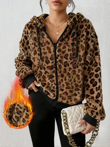 Women's Winter Leopard Print Fleece Hoodie Jacket, Casual Zipper Fitted Outerwear, Ladies' Fashionable Warm Coat, Comfortable and Stylish