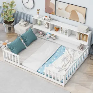 Full Size Floor Bed Frame with Side Bookcase,Shelves,Guardrails, Wood Platform Bed Frame