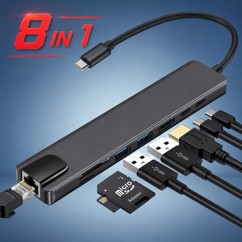 8-in-1 USB C Hub, 4K HDMI Adapter, 100W PD Charger, Ethernet RJ45 Port, SD/TF Card Reader, Dark Gray