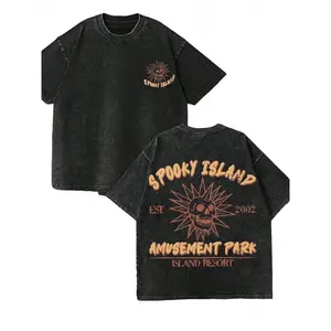 Men's Vintage Washed Distressed Oversized T-Shirt Double-Sided Retro Streetwear Graphic Print Spooky Island Amusement Park Lettering Snowflake Design Relaxed Fit Casual Tee All-Season Black FridayCotton Short Sleeve Tee - Top