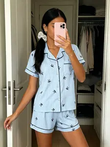 Women's Short Sleeve Pajama Set, Blue Striped Bow Print, Casual Loose-Fitting Sleepwear, Loungewear, Homewear, All Seasons Home, Two-Piece Comfortable Set