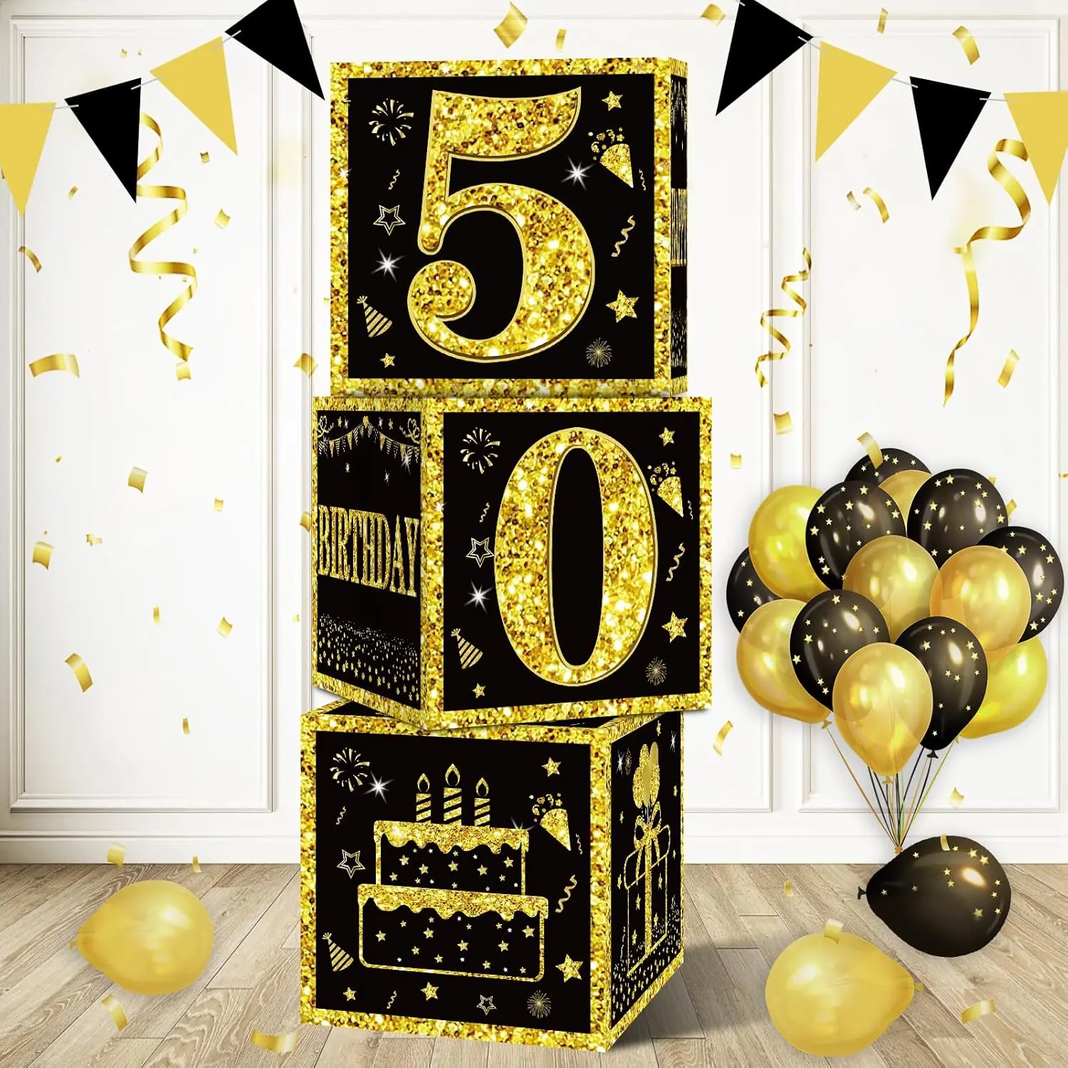 3Pcs 50Th Birthday Decorations Boxes For Men Women, Black Gold Happy 50 Birthday Balloons Boxes Party Supplies, 50 Year Old Bday Theme Cardboard Box