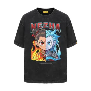 Rockplan Nezha and Ao Bing cartoon pattern printed American T-shirt anime style heavy American T-shirt trend
