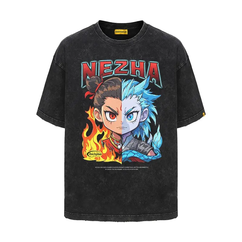 Rockplan Nezha and Ao Bing cartoon pattern printed American T-shirt anime style heavy American T-shirt trend