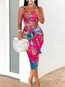 Tropical Print Tank Top & Knot Front Pencil Skirt