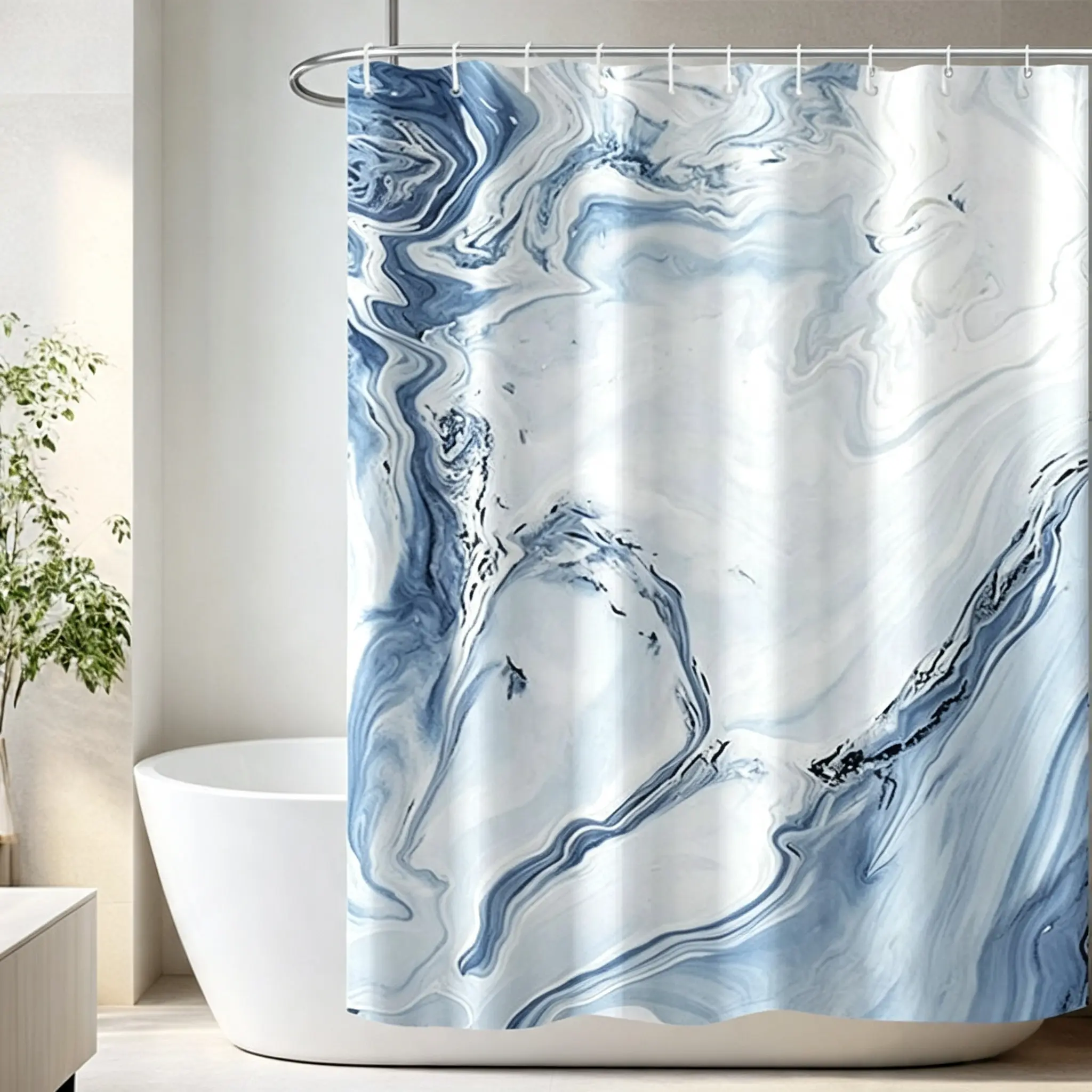 Blue White Marble Shower Curtain 70.8x70.8in - Waterproof, Machine Washable, Non-Transparent, Modern Abstract Ink Swirl Bathroom Decor with Rust-Proof Hooks, Shower Curtains, Contemporary