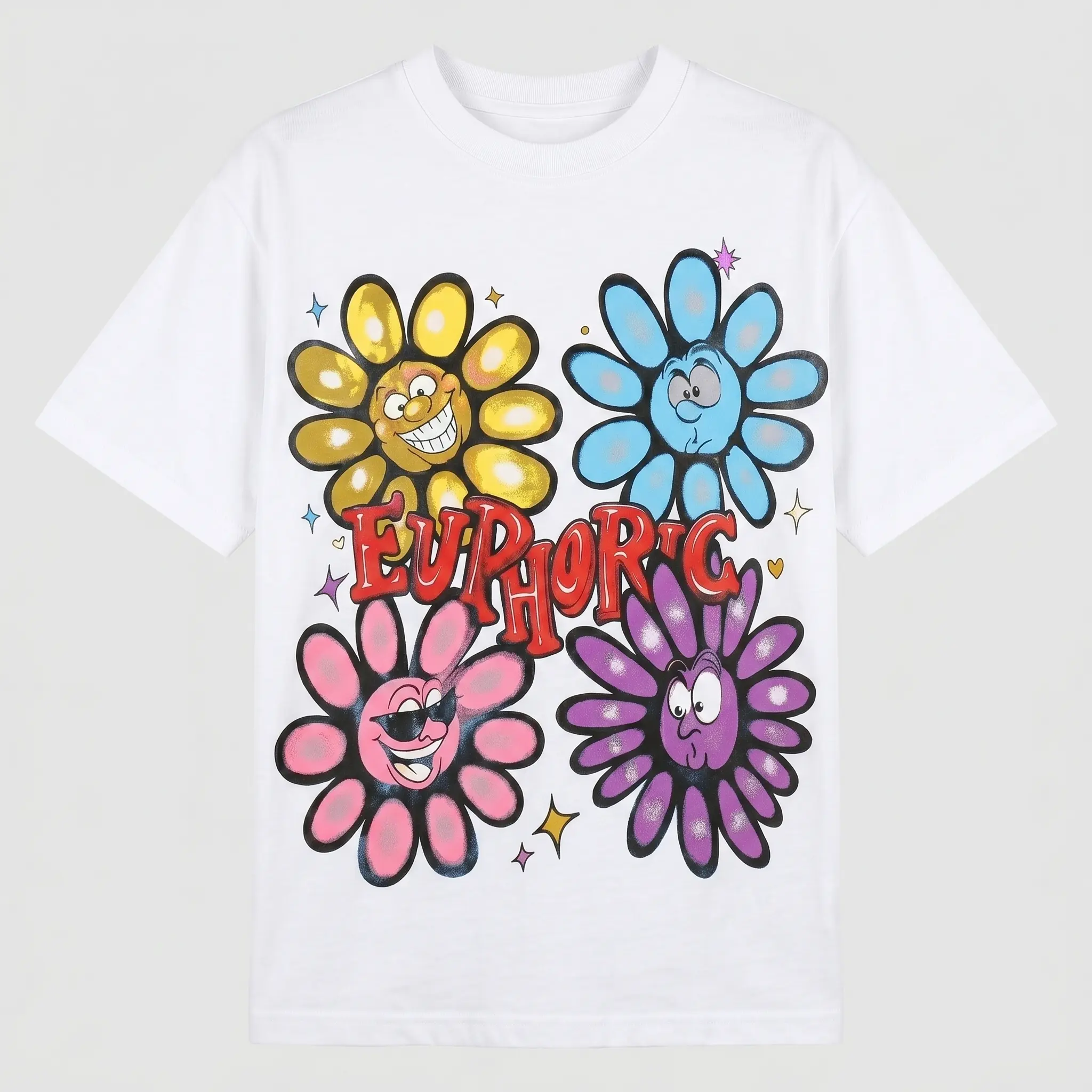 Men's "Euphoric Expression" Floral Smiley Flower Graphic Tee, Y2K Streetwear Menswear T-Shirt, Casual Short-Sleeve Round Neck Good Graphic Tees for Gooners (Eat Sleep Goon Repeat)