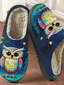 Colorful Owl Starry Sky Cotton Slippers, Fuzzy Lined Anti-Slip Thick Sole, Home Warm Shoes for Men and Women, Fall Winter Casual Style