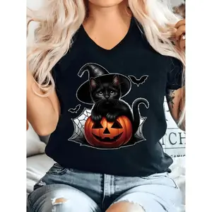 Women's Black V-Neck T-Shirt with Cute Black Kitten Witch & Jack-O'-Lantern Print - Halloween & Everyday Casual Short Sleeve Top, Machine Washable Spring Summer Fall Apparel
