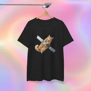 Women's cat with duct tape Graphic T-Shirt - Short Sleeve Crew Neck Regular Fit Casual Wear | Soft & Breathable Fabric, Durable Print, Everyday Comfort, Machine Washable, casual and humorous a black t-shirt featuring a printed image of an orange cat