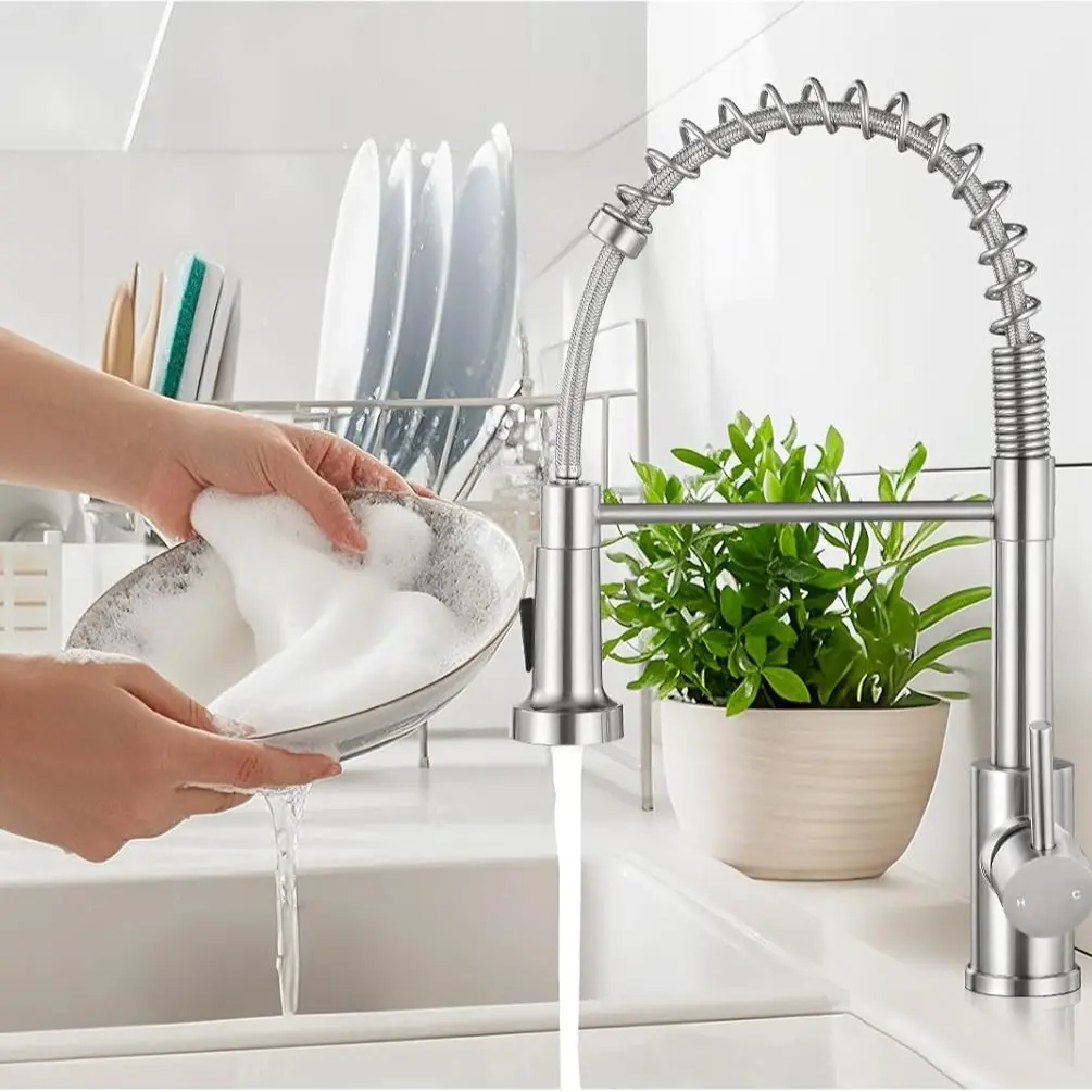 Kitchen Faucet with Pull Down Sprayer, Stainless Steel Commercial Single Handle Classic Spring Pull Out Kitchen Sink Faucet for Pot Filler, Farmhouse Camper Bar Laundry Room