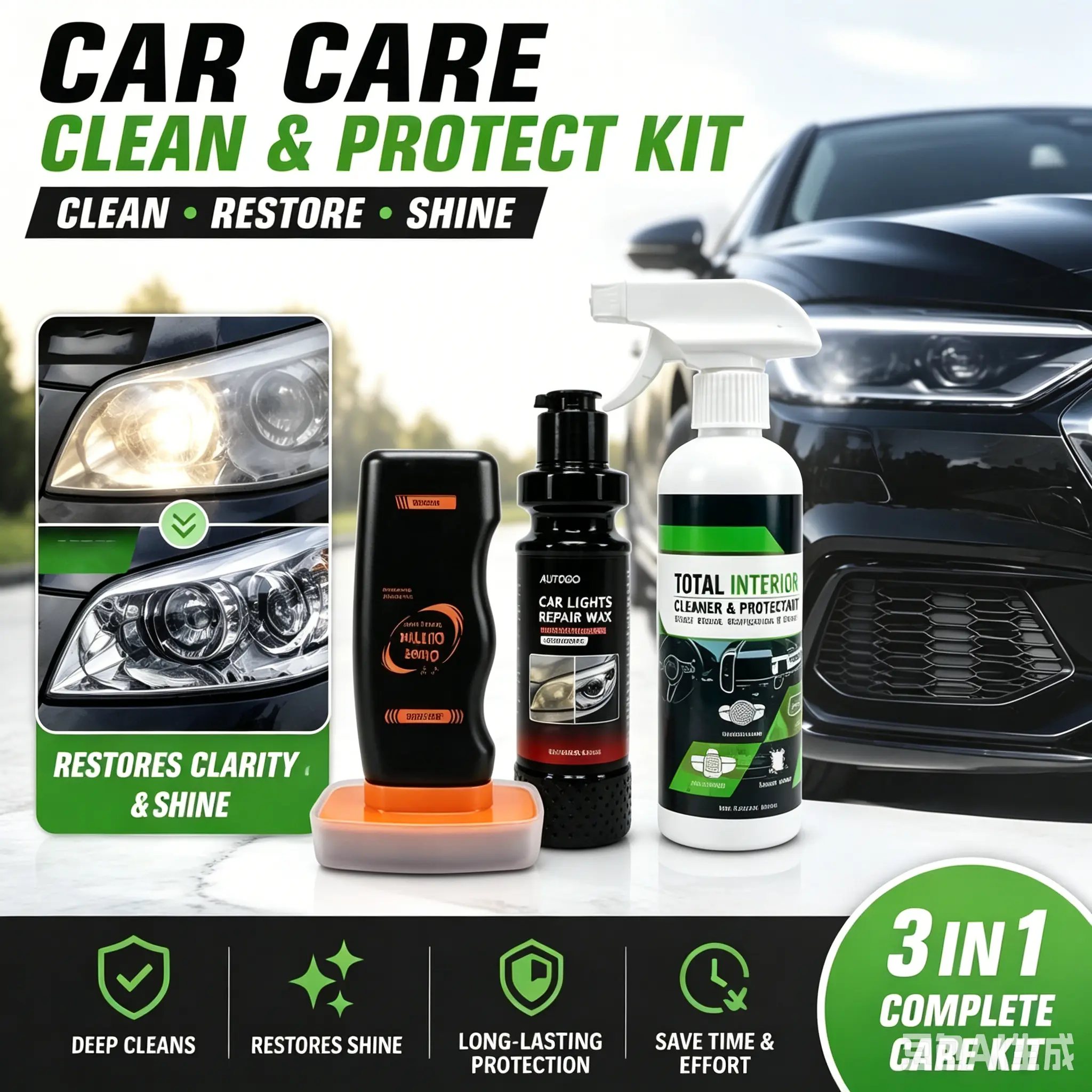 3-Piece All-in-1 Car Detailing Kit for Enthusiasts - Windshield Oil Film Remover, Interior Surface Cleaner, Headlight Restoration Liquid, Bonus Microfiber Towels & Sponge, Restores Shine, Repels Dust, Time-Saving Maintenance Supplies, Car Maintenance, Car