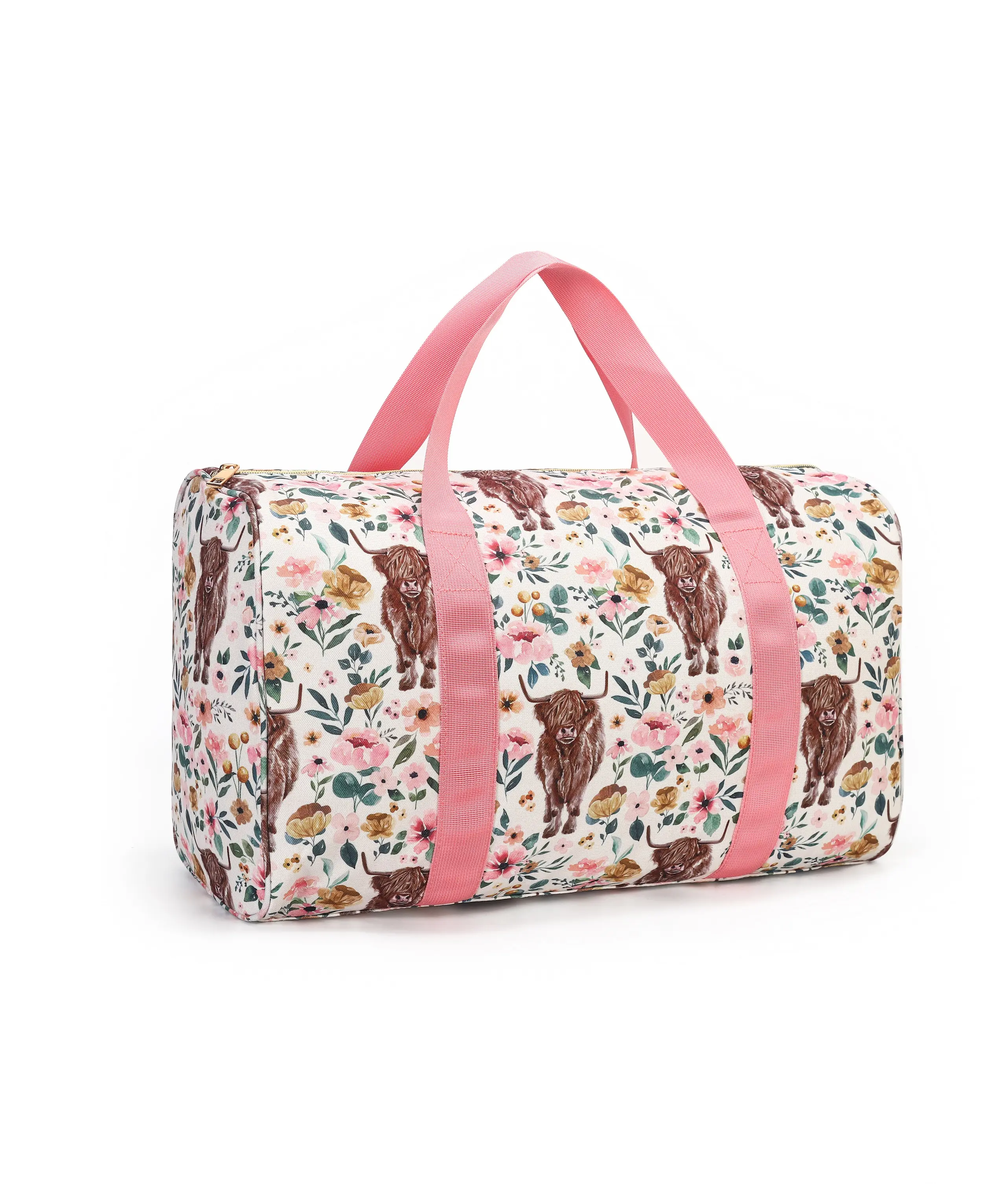 MAMA Pink Highland Cow Flowers Travel Duffel Bag, Portable Travel Accessory, Multi-Purpose Storage Transportation Bag