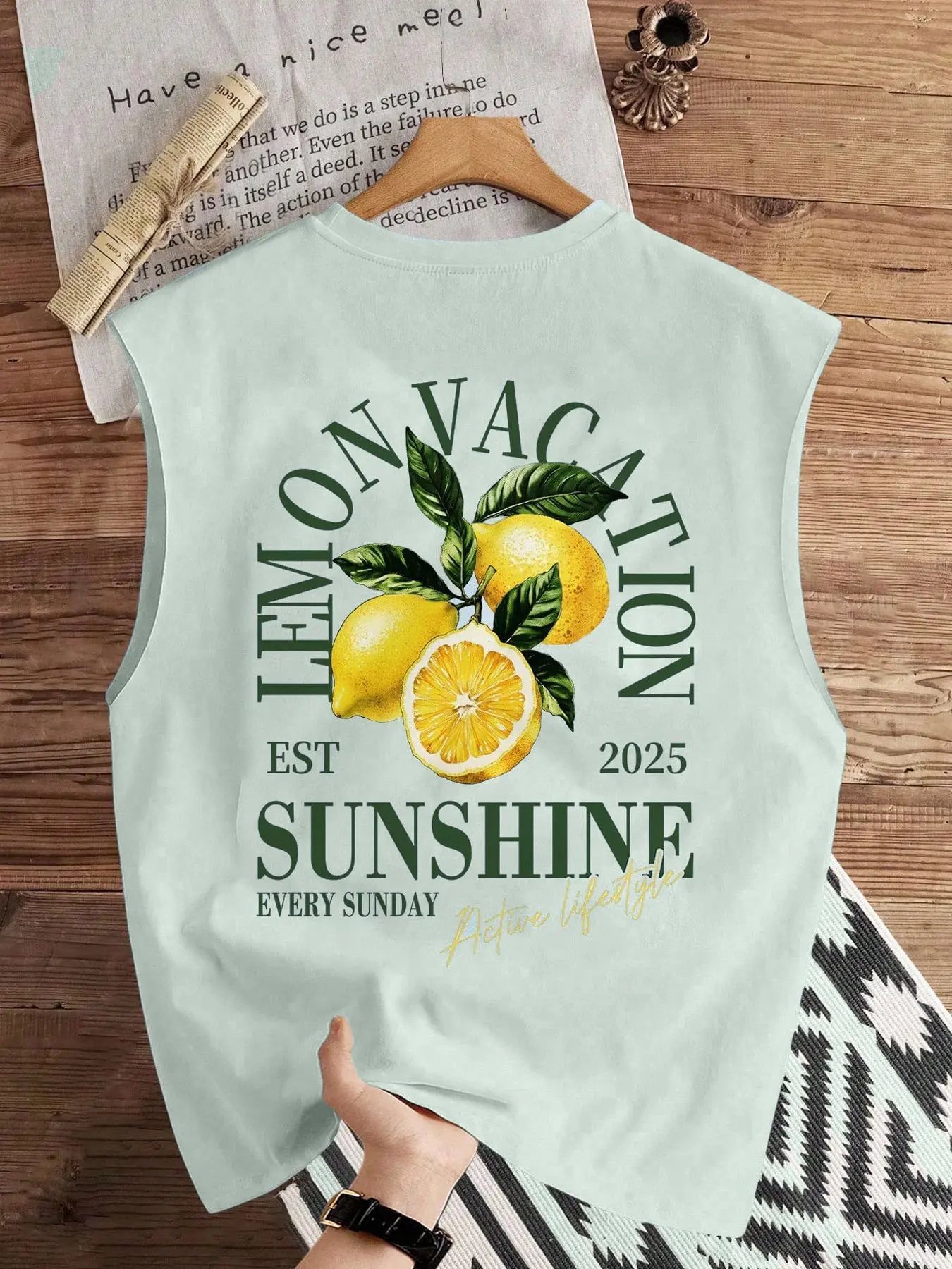 Men's "Lemon Vacation" Tank Top, Casual Long Oversized Sleeveless Top with Fresh Citrus Fruit Graphic Print, Comfy Summer Fitted Outdoor Wear for Vacations & Daily Outings, Fabric