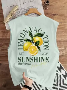 Men's "Lemon Vacation" Tank Top Vest, Oversized Sleeveless Top with Fresh Citrus Graphic Print, Comfy Summer Wear for Vacations & Daily Outings