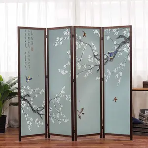 4-Panel Asian-Inspired Folding Room Divider with Cherry Blossom Tree, Bird Design Poetry Calligraphy, Brown Wood Frame