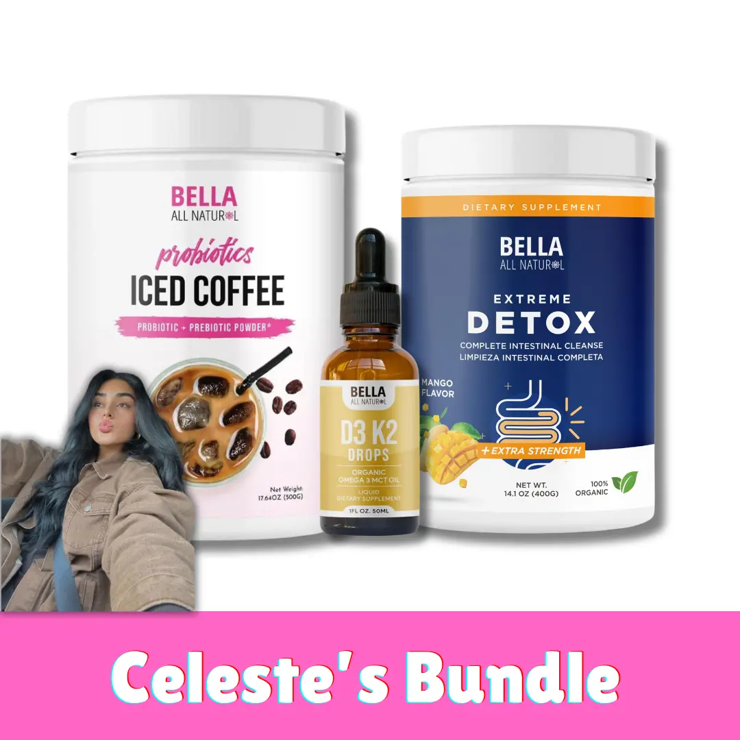 Bella All Natural Celeste’s Coffee & Detox Bundle | Probiotic Iced Coffee, Extreme Detox Mango & D3 K2 Drops | 3-Piece Digestive Support Set