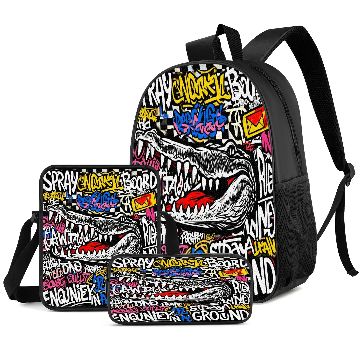 Graffiti Crocodile 3PCS Backpack Set, Durable 600D Oxford Cloth School Bag with Lunch Box & Pencil Case Combo, Adjustable Breathable Strap, Fits 15in Laptop for Kids Teens School Travel Outdoor