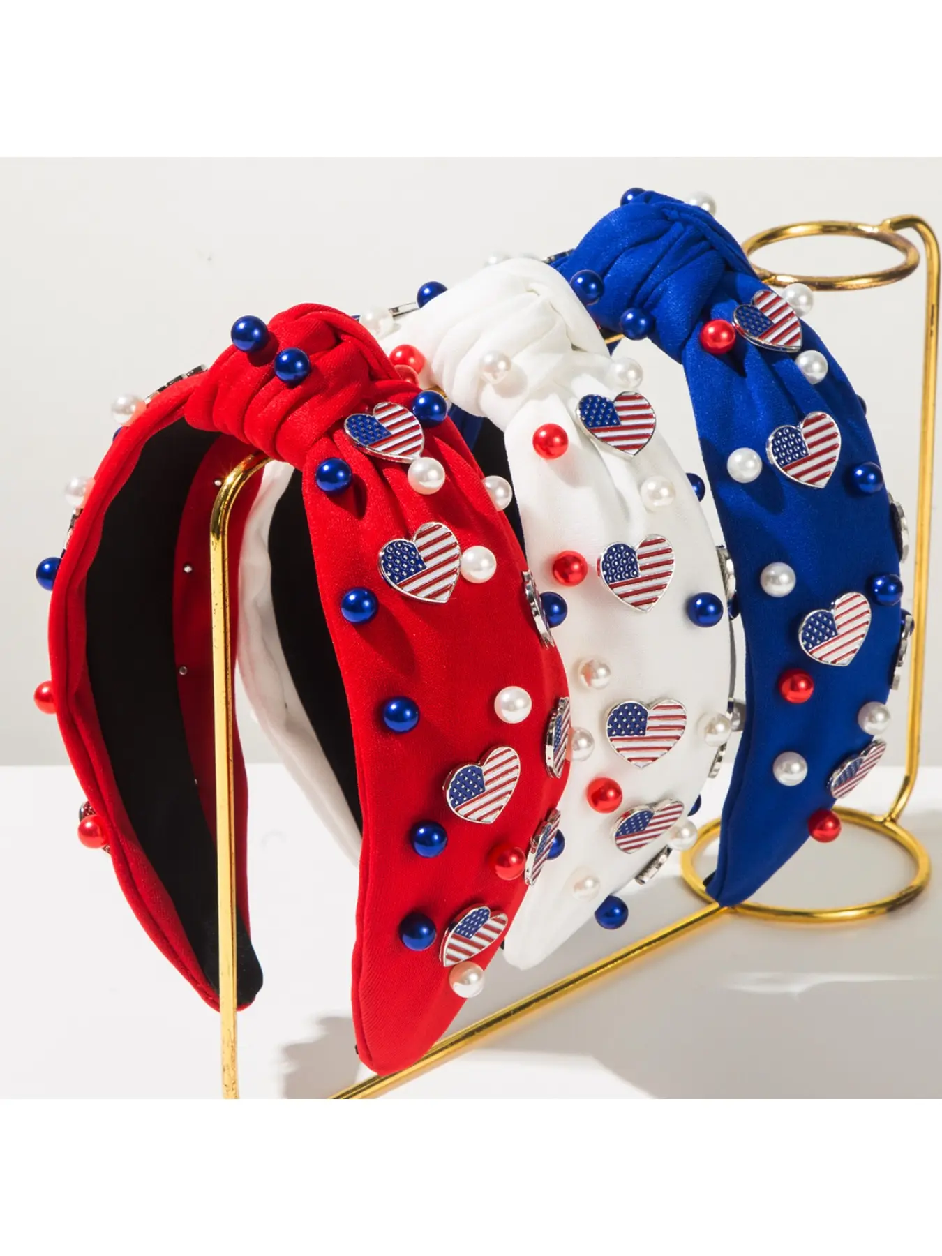 New Independence Day headband with American flag, heart-shaped alloy nail beads, personalized trendy headband, hair accessory