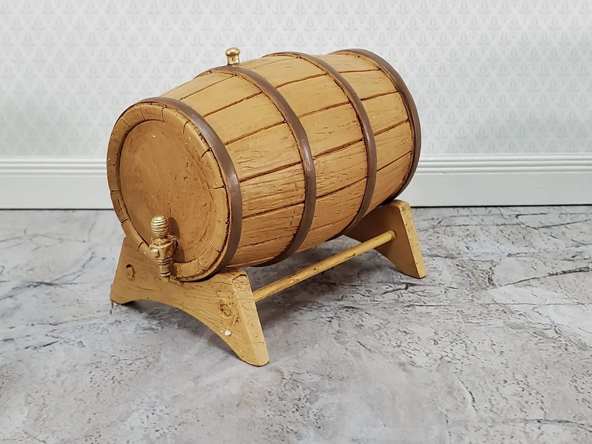 Large Miniature Keg on Stand with Tap Whiskey or Wine Barrel Resin Dollhouse
