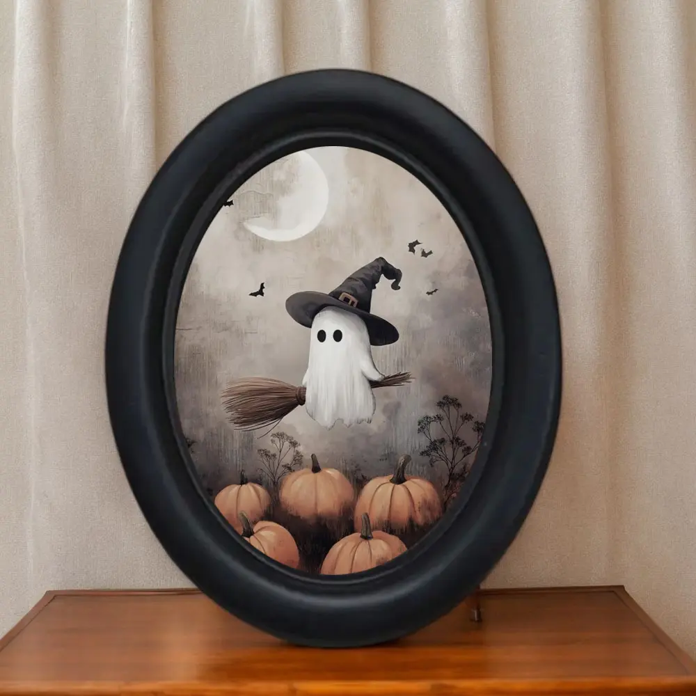 Vintage Halloween Ghost Wall Art, Decorative Artwork, Handmade Oval Wooden Decoration, Spooky Witch Hat Design, Perfect for Christmas & Thanksgiving Decorations, Home Decor Supplies, Decoration Items