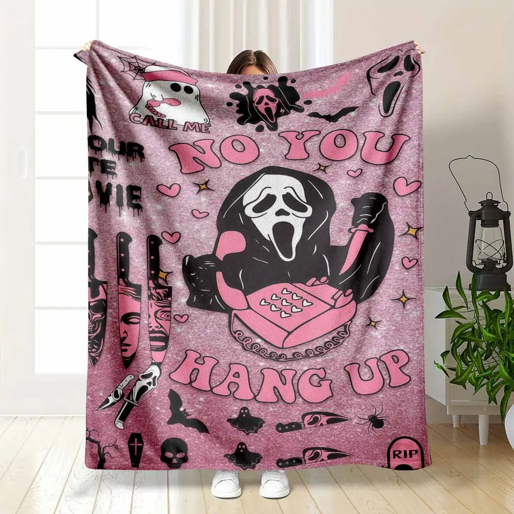 Pink Aesthetic Horror Flannel Throw - Spooky Retro Slasher Movie Elements, Super Soft Lightweight Plush Fuzzy, Halloween Motif, Vintage Halloween, Ideal for Living Room Sofa, Perfect Gift for Movie Fans, Halloween Motif Blankets, Vintage Halloween Blanket