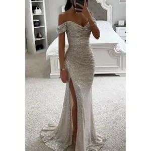 2025 New Sequin Off-Shoulder Dress | Sexy Bodycon with Long Sleeves & High Slit for Galas, Evenings  Fabric Fit Womenswear Formal