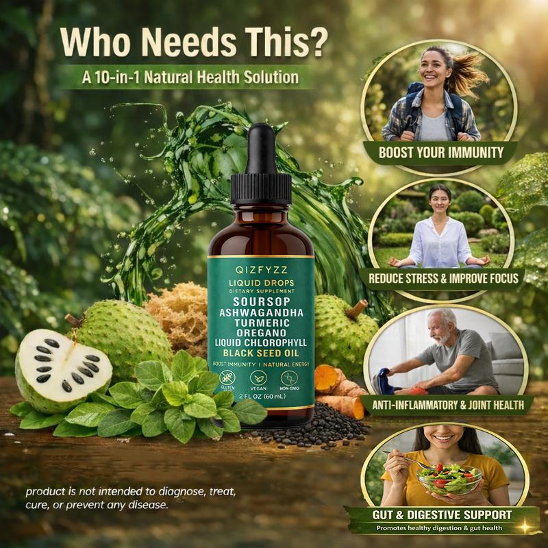 QIZFYZZ 10-in-1 Soursop Bitterness Drops & 20-in-1 Seaweed Capsules Moringa Turmeric Black Seed Ashwagandha Vegan Non-GMO Super Blend